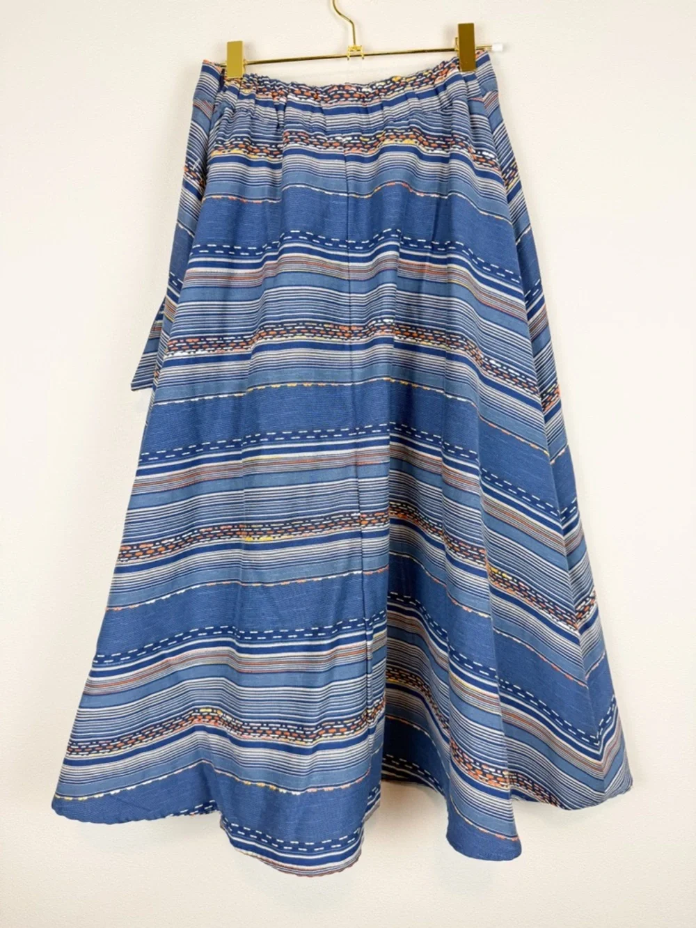 Eva Franco Liv A-Line Blue Striped Embroidered Midi Skirt Southwestern Size 2